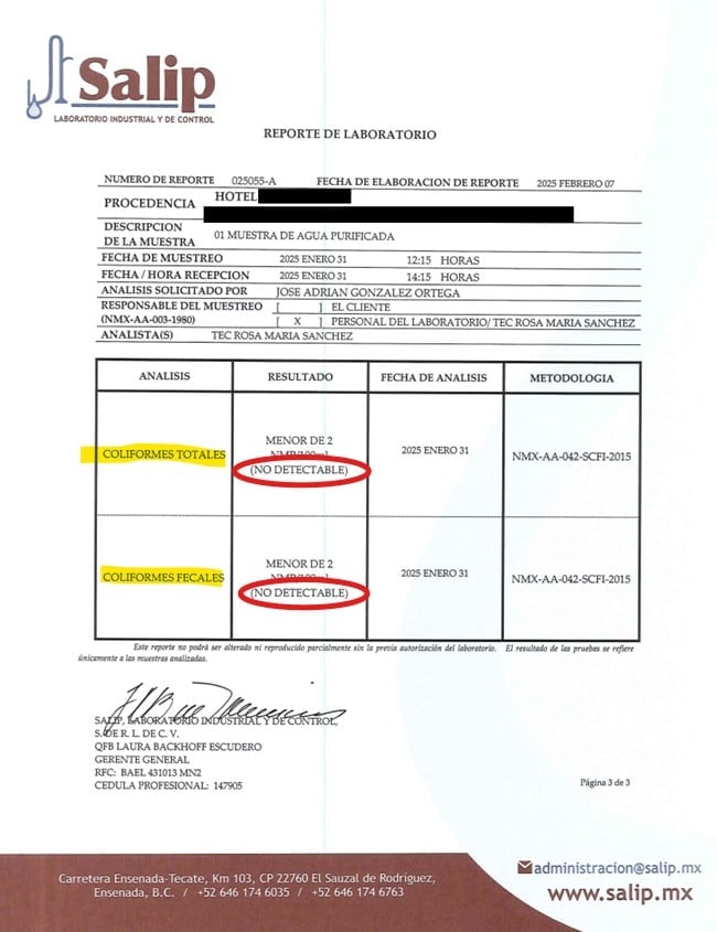 Laboratory report from Salip showing water quality analysis results with coliforms detected, dated January 31, 2025