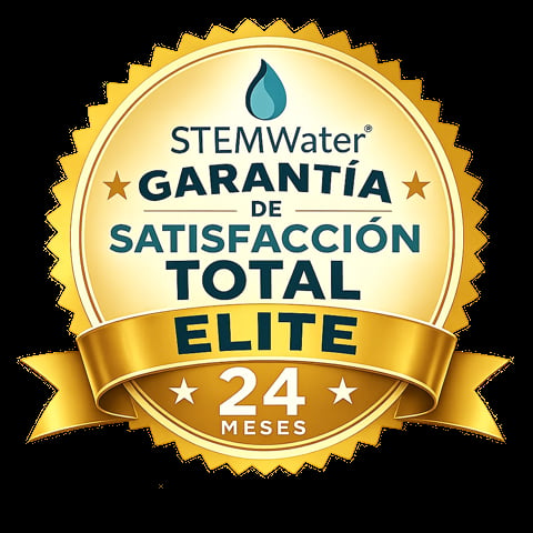 STEMWater Elite 24-month total satisfaction guarantee gold seal badge with water droplet logo and stars