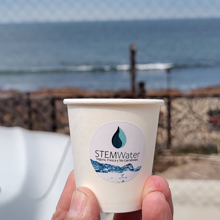 Hand holding a STEMWater cup at the beach with ocean and pier in the background