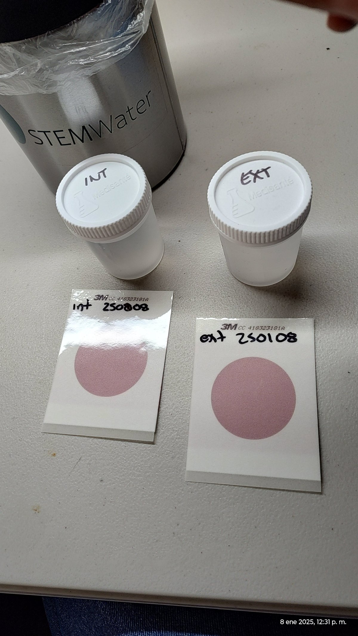 Laboratory samples labeled iMT and EXT with white containers and pink circular test materials marked with identification numbers