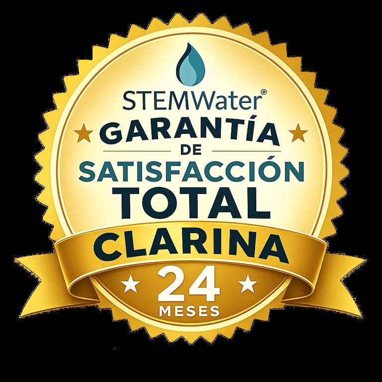 STEMWater gold seal badge for total satisfaction guarantee with water droplet logo, valid 24 months