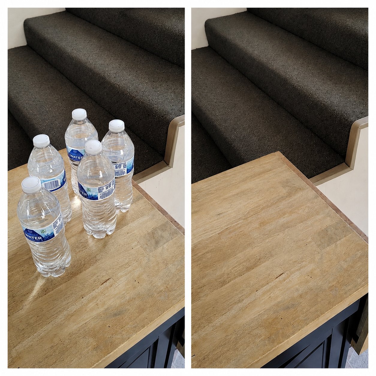 Before and after comparison of a wooden table with water bottles removed, showing clean surface beside a dark cushioned chair