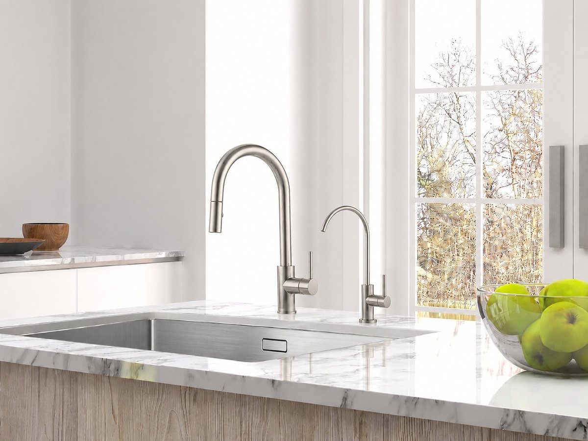 Modern kitchen sink with chrome faucet and white marble countertop, green apples in bowl, natural light from window