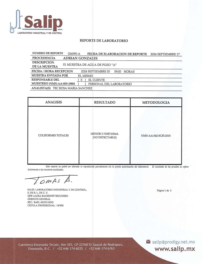 Laboratory report from Salip showing water analysis results for coliform totals with methodology and signature