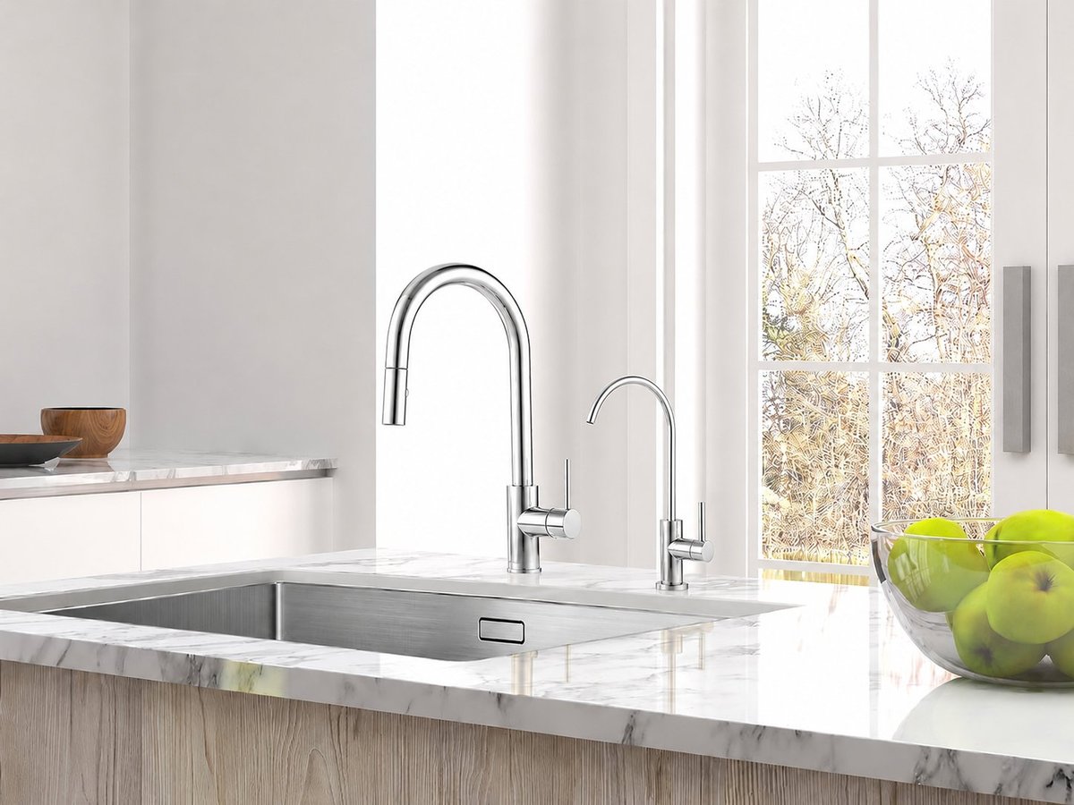 Modern kitchen sink with chrome faucet and green apples in a bowl, white marble countertop and large window overlooking trees